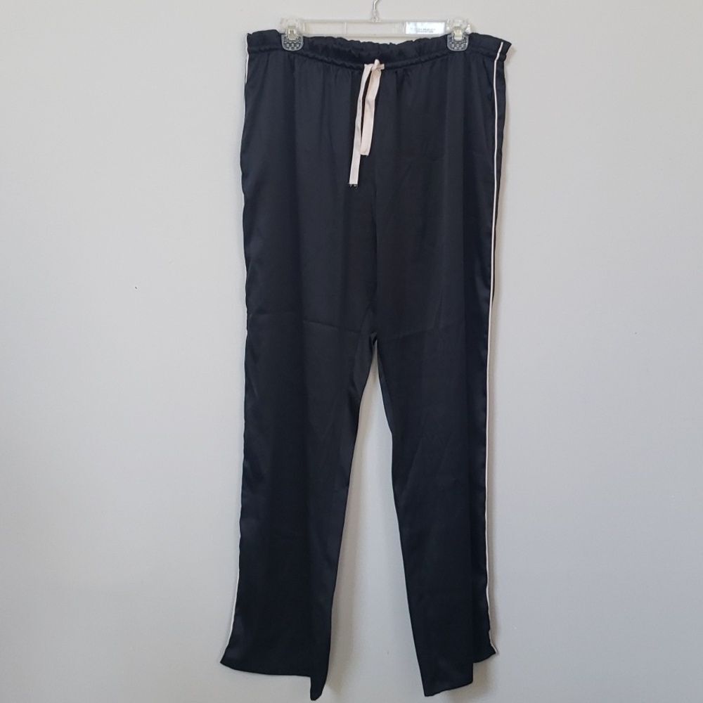 Victoria's Secret Pant Womens sz Large Black Satin Pajama Bottoms Pink Piping